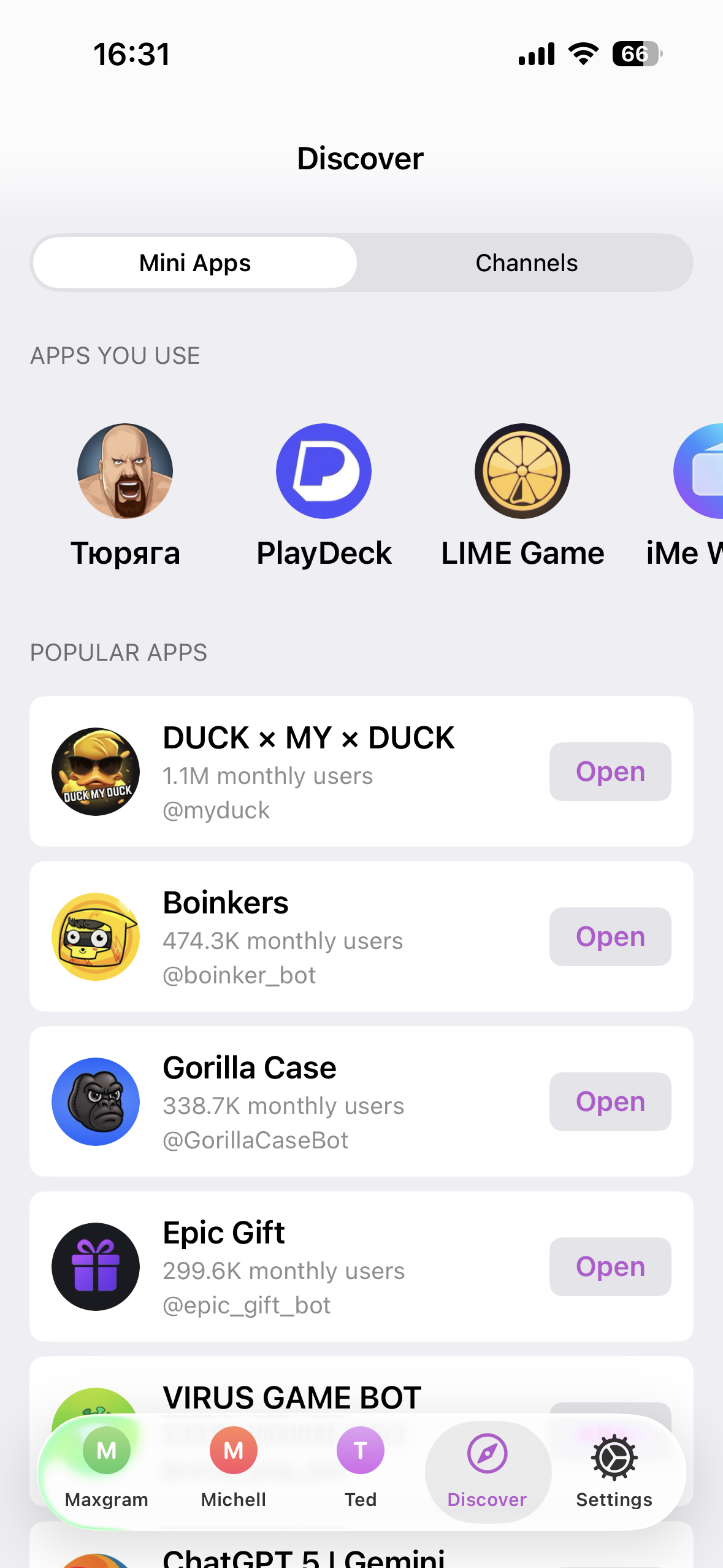 Maxgram Discover page showing Mini Apps and Channels