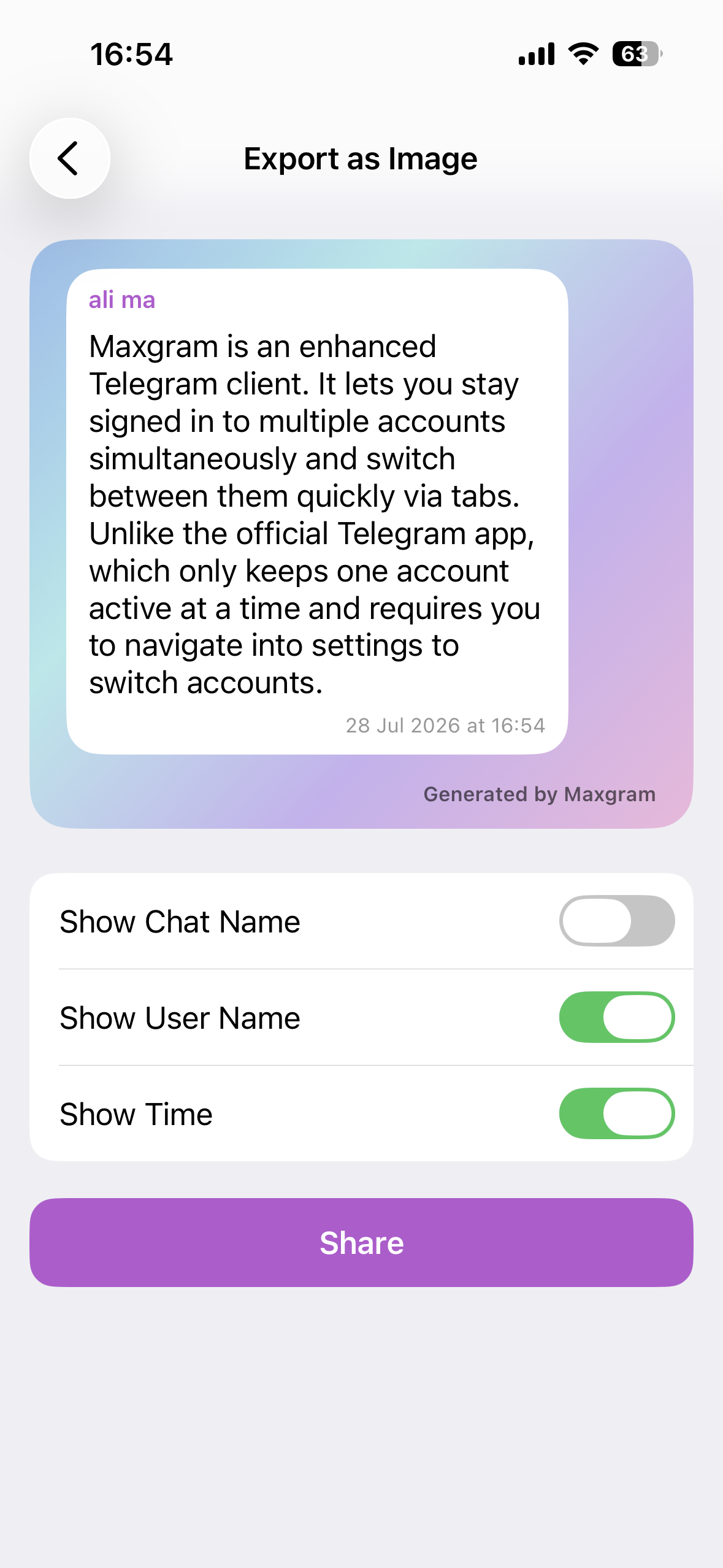Maxgram message options menu with Export as Image