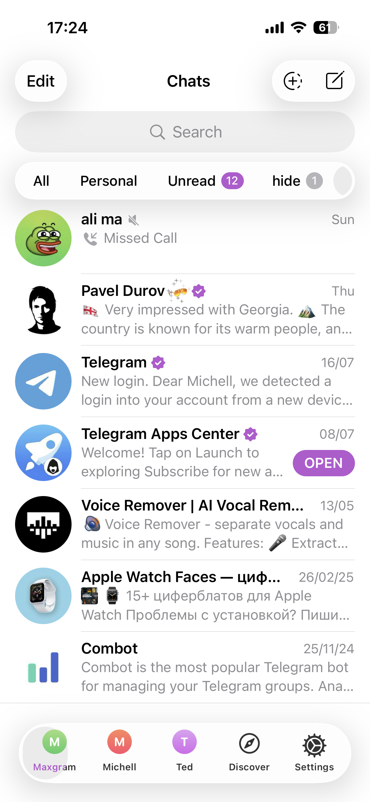 Maxgram showing multiple Telegram accounts and chat lists